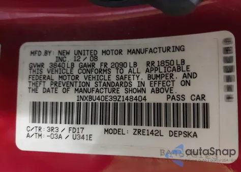 2009 Toyota Corolla S from USA, damaged, VIN 1NXBU40E39Z148404